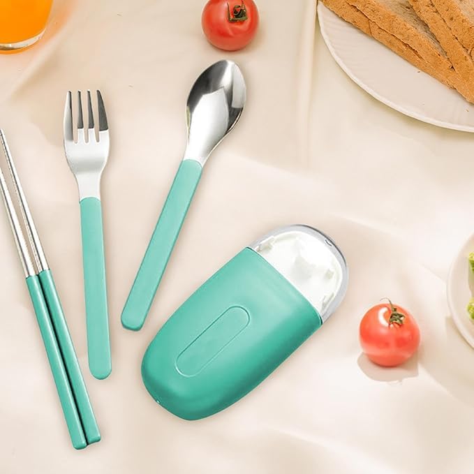 Travel Cutlery with Case Utensil Set, Pocket Sized Stainless Steel Fork, Spoon, and Chopsticks, Food Grade Plastic Handle, with Storage Case