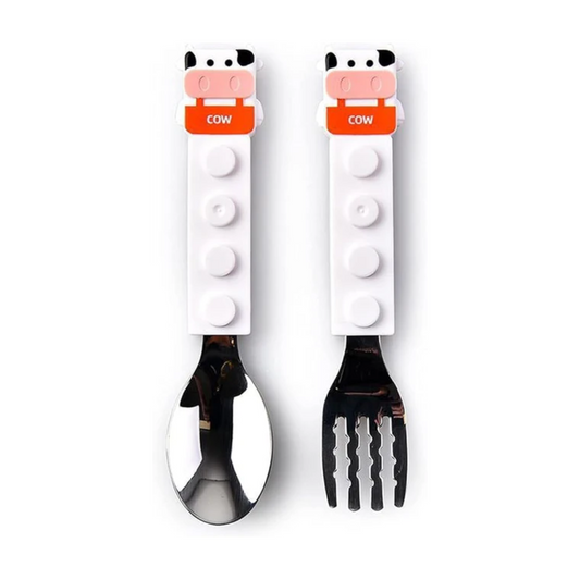 Stainless Steel Fork and Spoon Safe Cutlery Set Cute Building Block Cow-Shaped Grip
