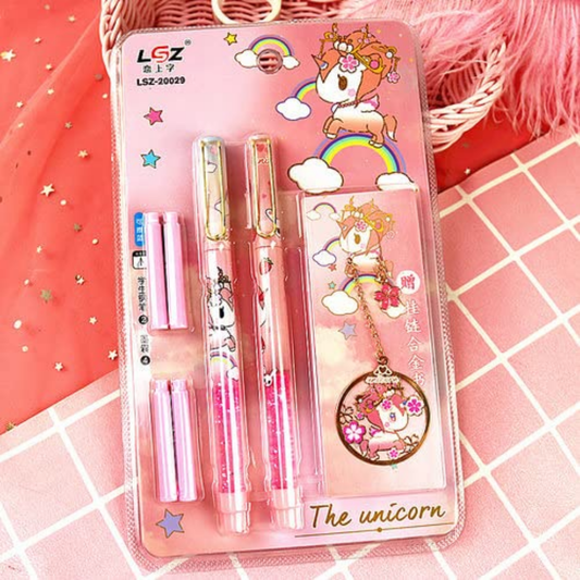 Unicorn Glittery Fountain Pen Set With Book Mark