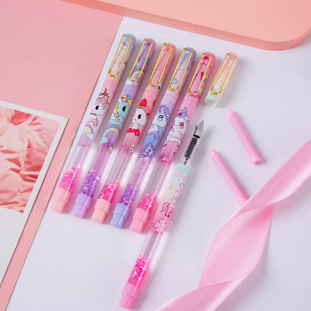 Unicorn Glittery Fountain Pen Set With Book Mark