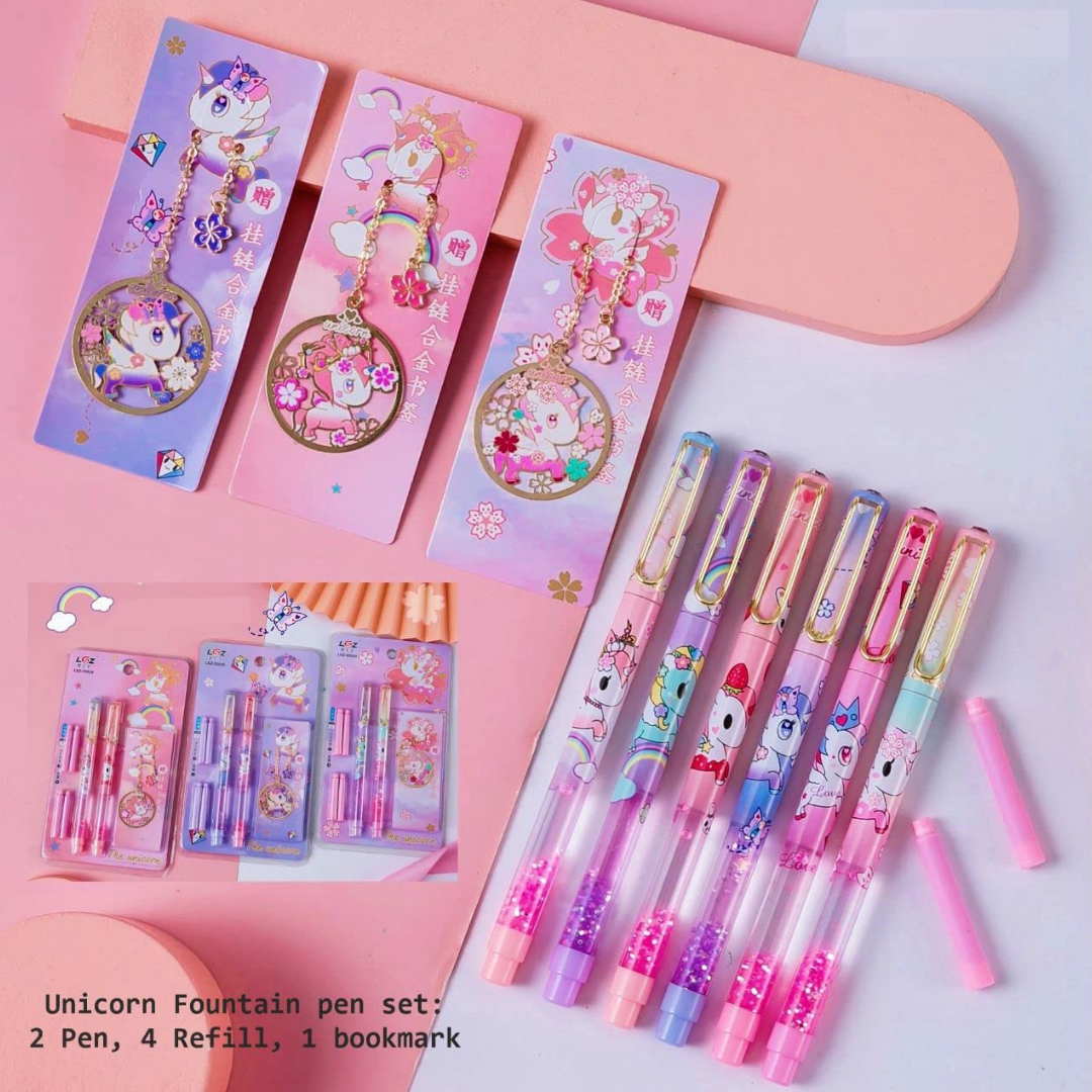 Unicorn Glittery Fountain Pen Set With Book Mark